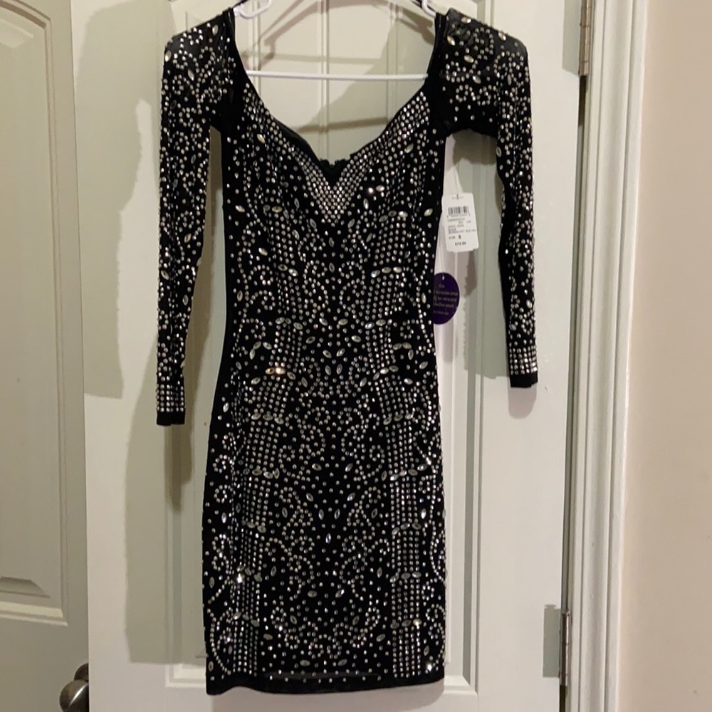 Rainstones long sleeve black mini dress
